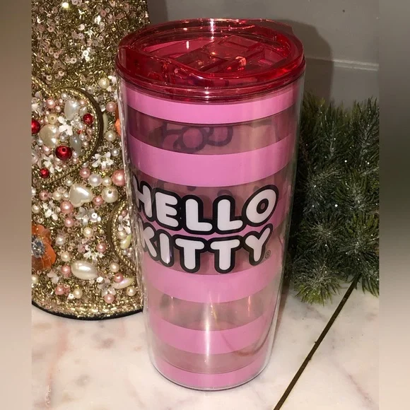 💖NWT💖 Hello Kitty Sanrio Striped Red & Pink Travel Mug with Lid - Picture 2 of 7